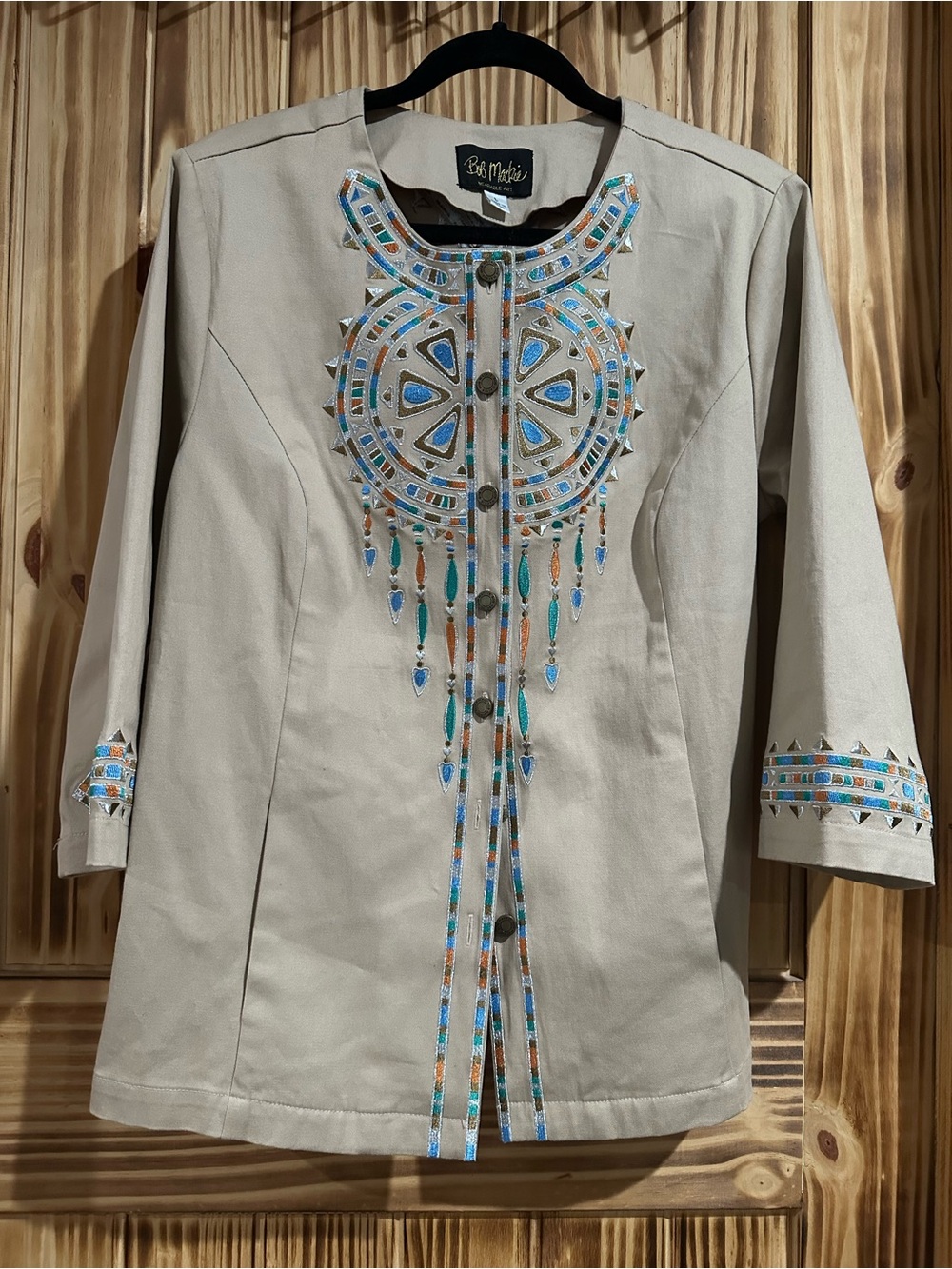 ! Bob Mackie Beige Jacket with Blue Turquoise & Copper Embellishment size Large